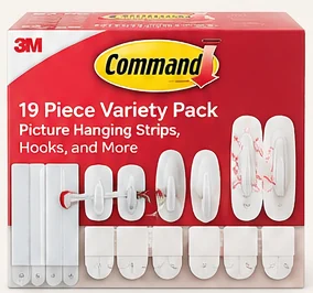 Command 19-piece variety pack box showing picture-hanging strips and white hooks