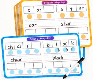 Edumix dry-erase boards: a syllable mapping board and a sound mapping board with boxes and dots for each sound