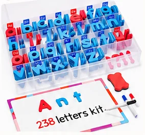 Gamenote magnetic letter kit: red and blue plastic letters in a clear storage case with a small magnetic board
