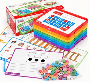hand2mind phonics word work set: stacked rainbow magnetic trays, activity cards, and a bag of letter tiles