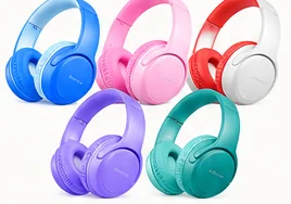 iClever kids headphones: five over-ear headphones in blue, pink, red, purple, and teal