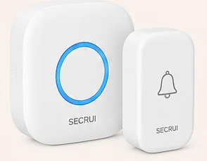 SECRUI wireless doorbell: a white receiver with a blue light ring and a white push button